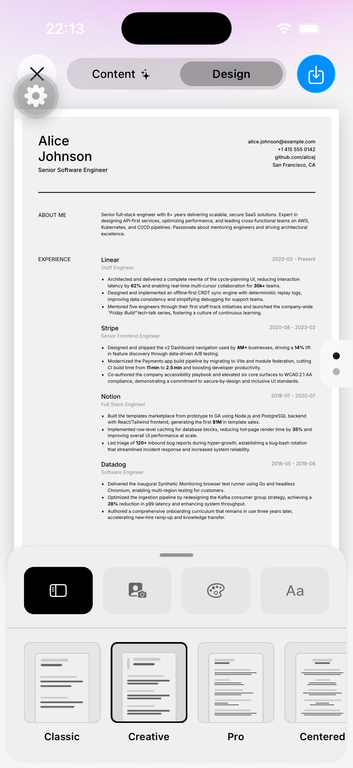 Style picker — six layouts, colors, typefaces